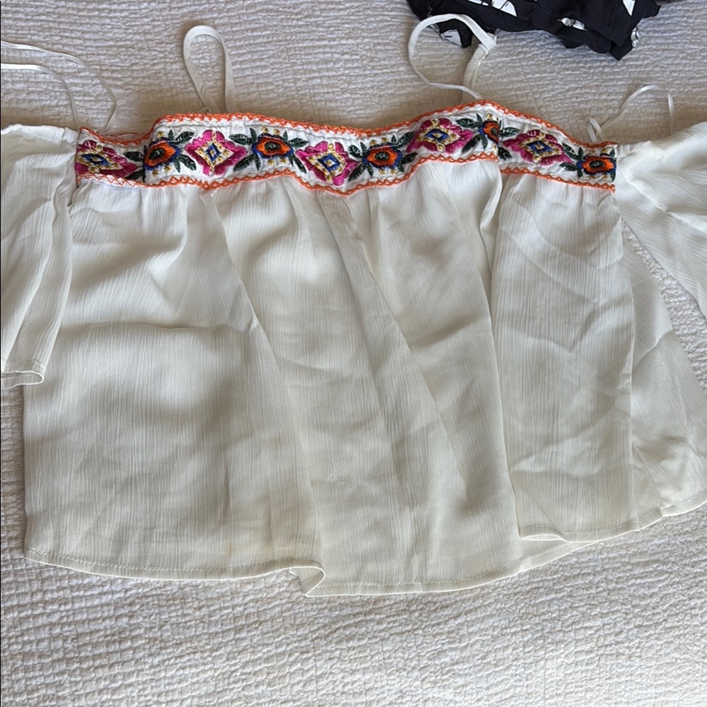 White Off-Shoulder Top with Colorful Embroidery